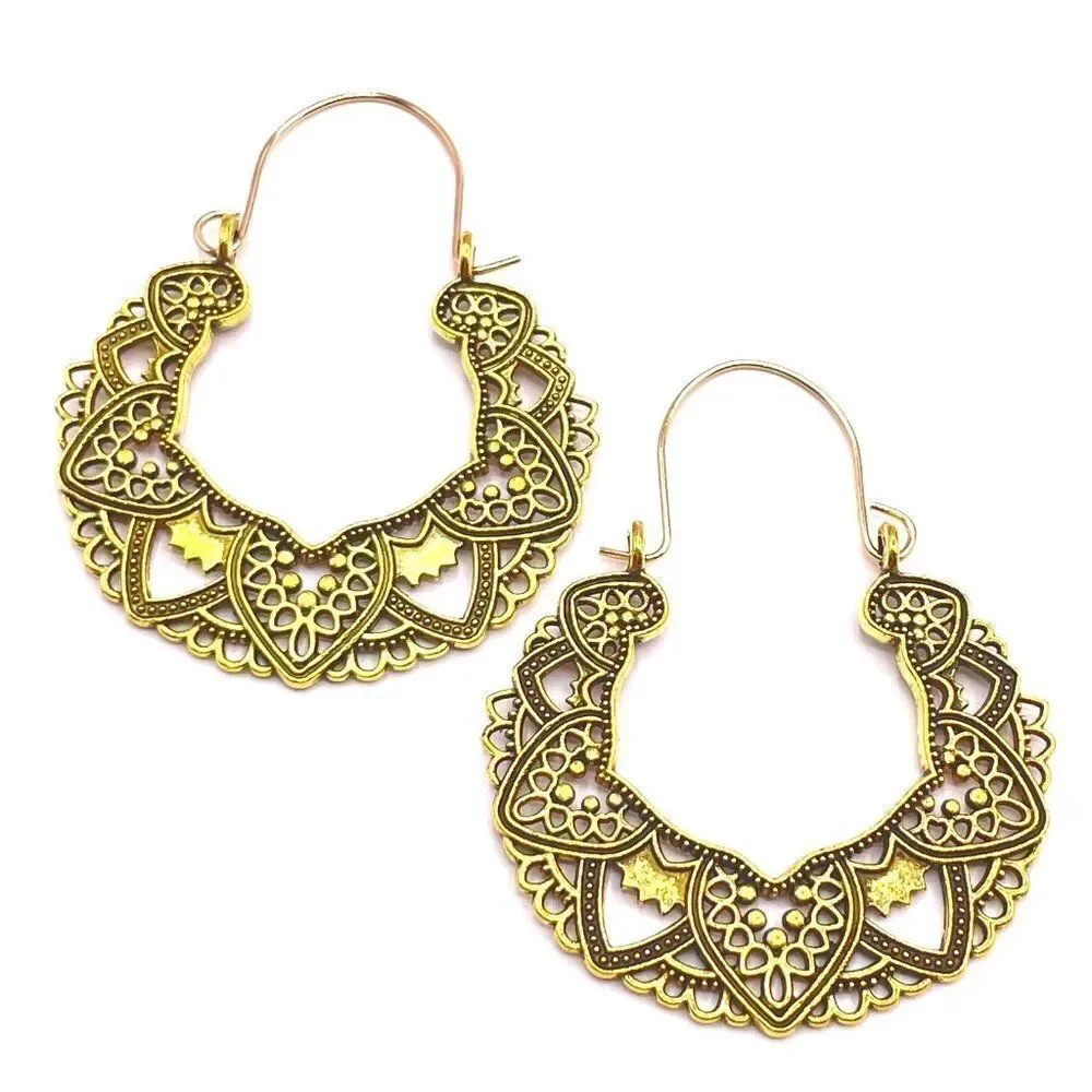 Yellow Gold Detailed Boho Mandala Dangling Drop Hinged Hook Earrings